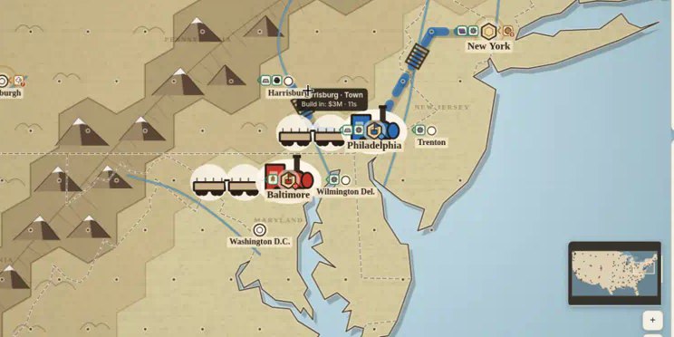 Railroading Through Time gameplay: hex map of the northeastern United States with locomotives on track at Baltimore and Philadelphia.